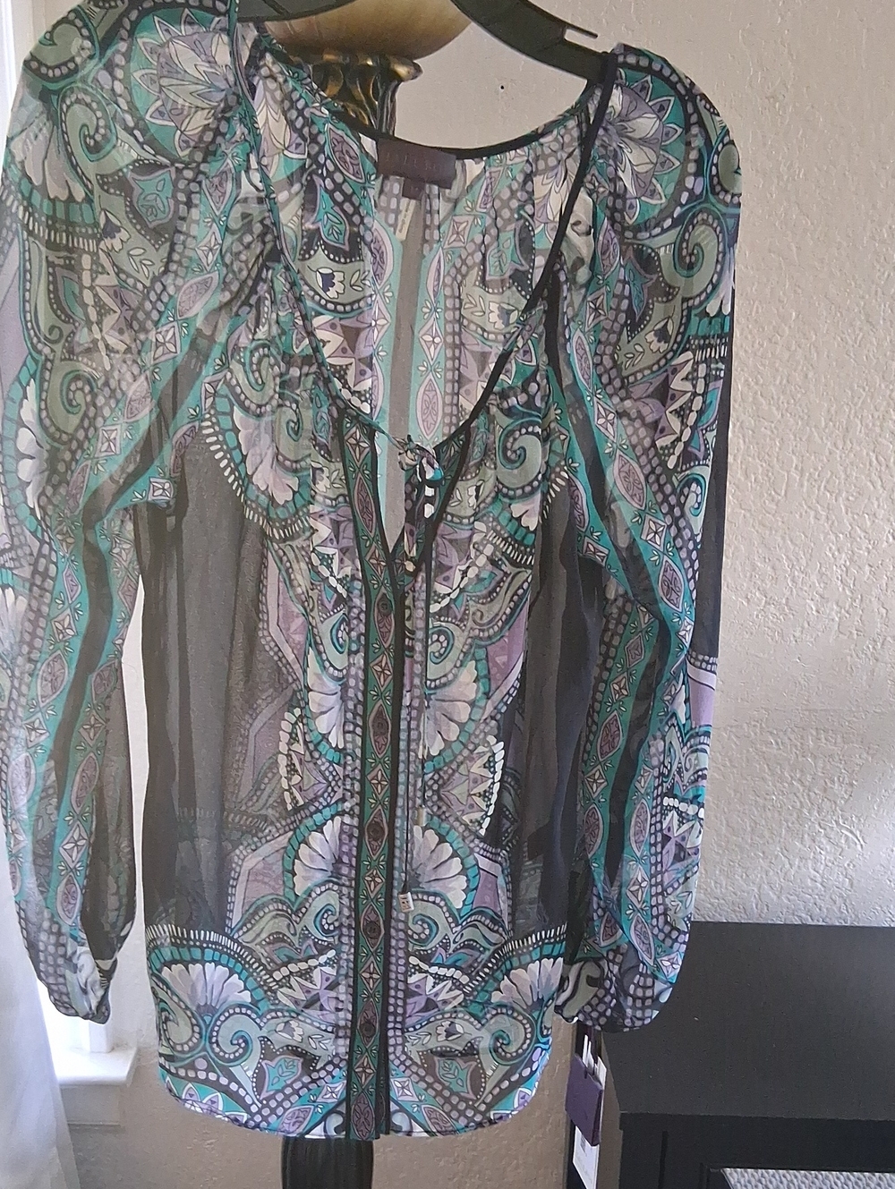 Hale Bob Sheer Paisley Tie-Front Blouse - Teal, Black & White